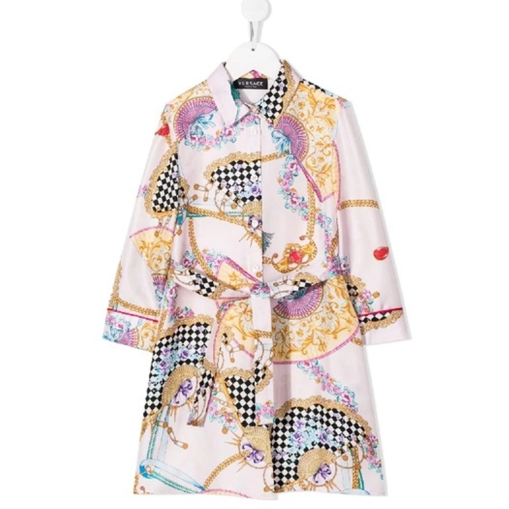 RARE Versace Girls Eventail Fan Print Silk Button Down Shirt Dress Size 10 NWT